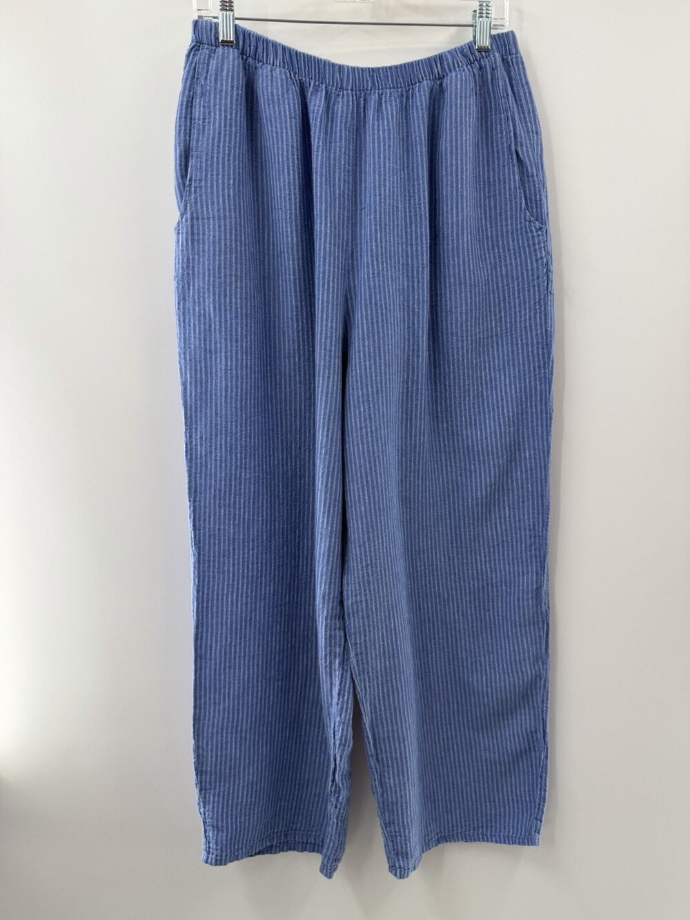FLAX Women’s Linen Blue White Striped Pants Elastic Waist Relaxed Pockets Size M